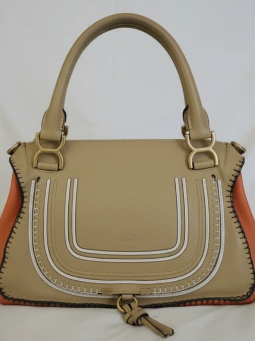 Chloé Marcie Medium Satchel - Tan Orange Colorblock White Stitching Knot